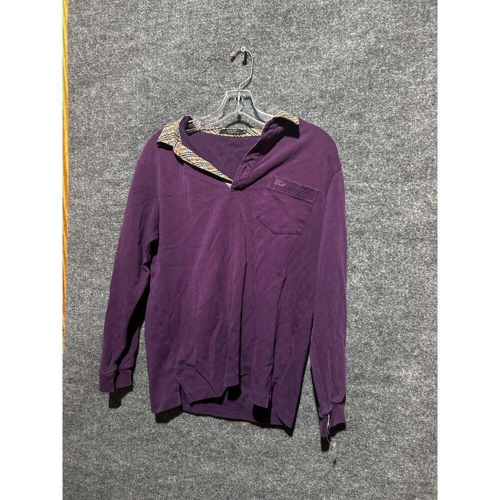 Duck Polo Shirt Mens Medium Purple Plaid Collar Pocket Logo Knit Long Sleeve